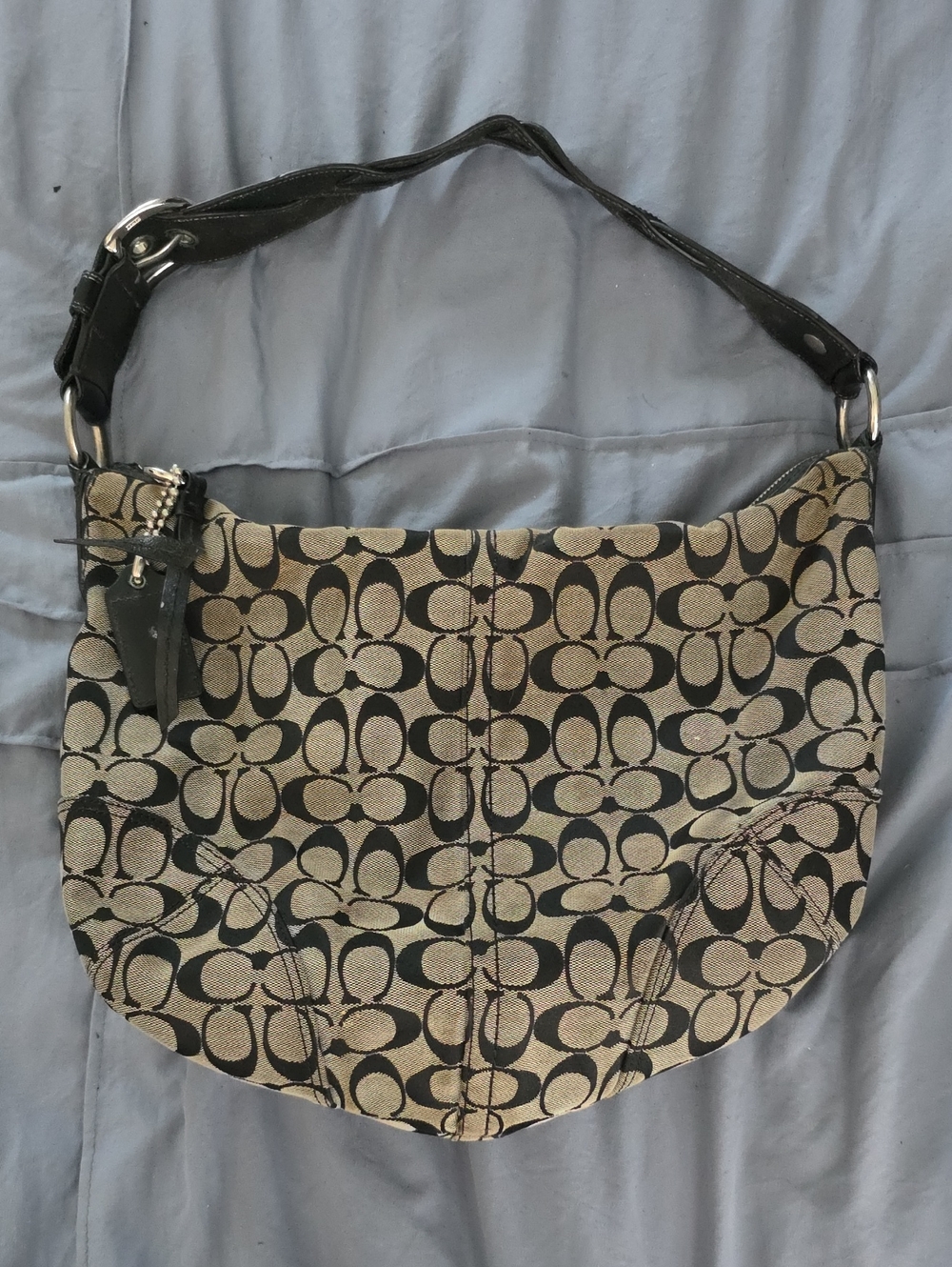 Coach Signature Canvas Shoulder Bag in Khaki and Black